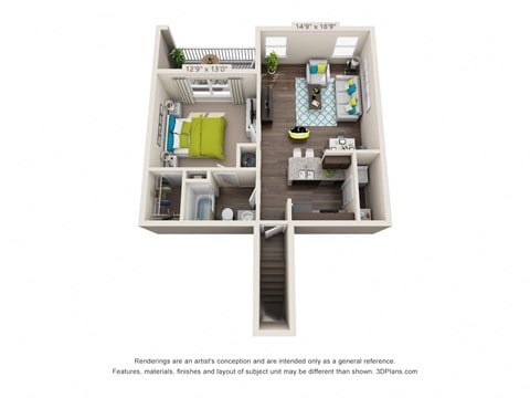 Floor plan for 1 bed, 1 bath, 838 sqft